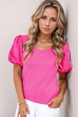 Casual Round Neck Bubble Sleeve T-Shirt OutfitFlow