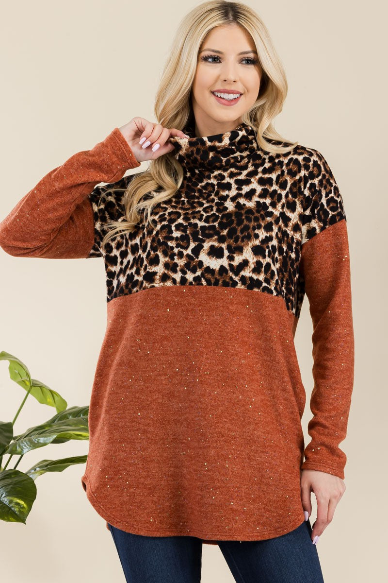 Outfit Flow - Celeste Full Size Curved Hem Leopard Turtleneck Long Sleeve Blouse