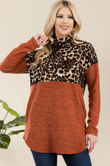 Outfit Flow - Celeste Full Size Curved Hem Leopard Turtleneck Long Sleeve Blouse