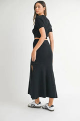 MABLE Pointelle Short Sleeve Crop Top and Slit Skirt Sweater Set OutfitFlow
