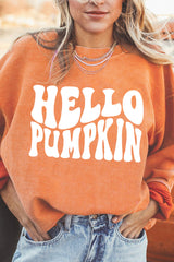 Round Neck Dropped Shoulder HELLO PUMPKIN Graphic Sweatshirt OutfitFlow
