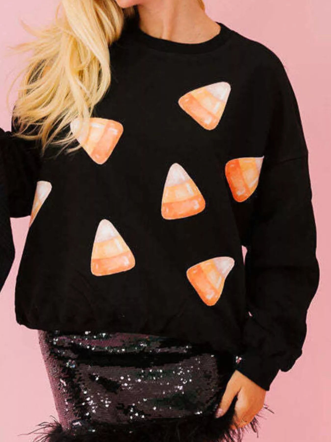 Halloween Sequin Round Neck Sweatshirt OutfitFlow