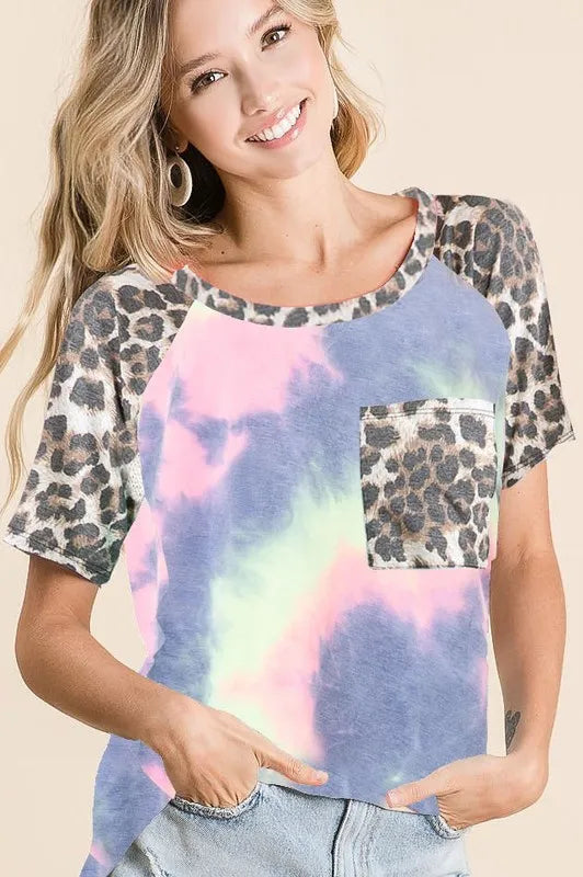 BiBi Tie Dye Knit Top with Leopard Raglan Sleeves OutfitFlow