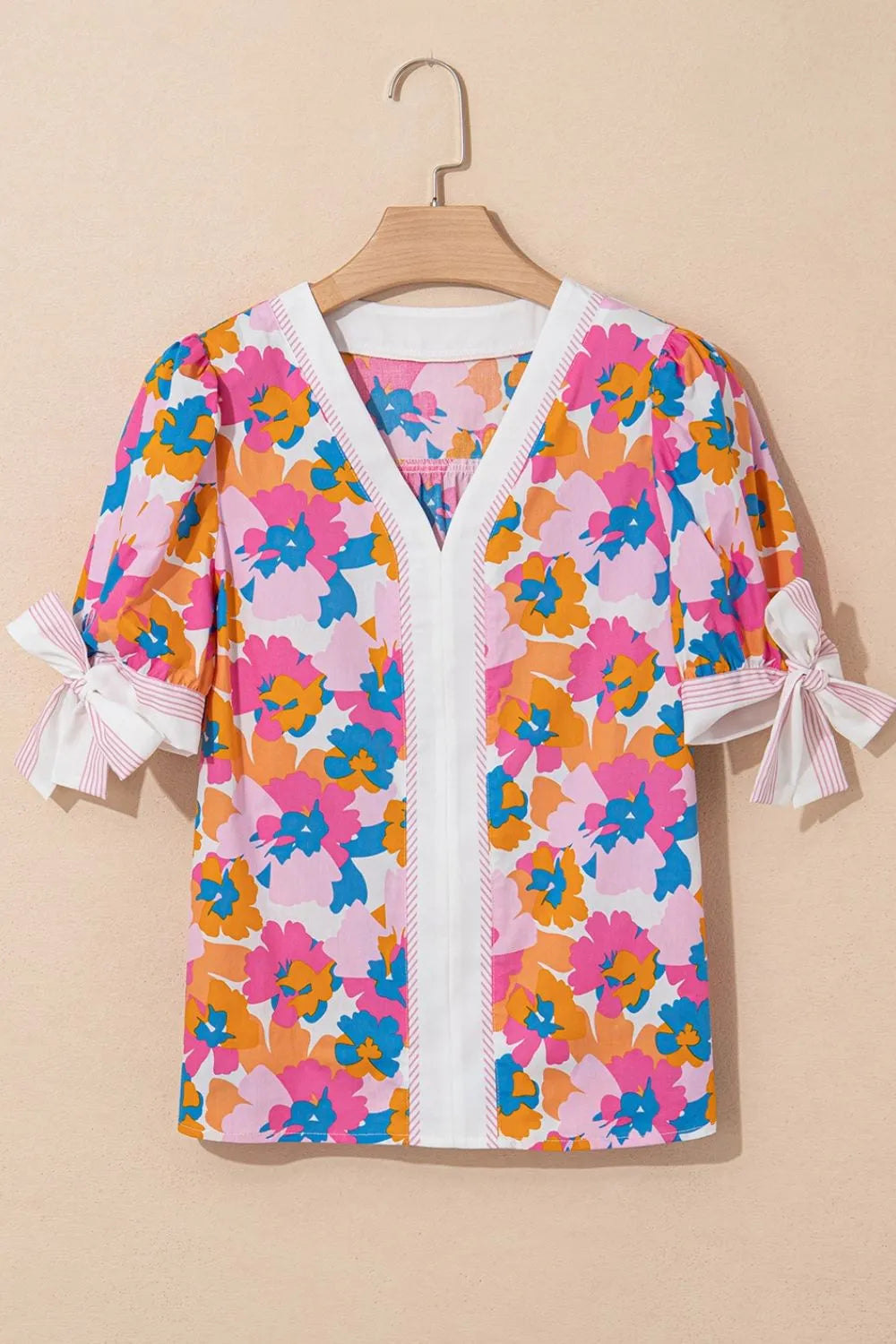 Floral Striped Edge V Neck Knotted Short Sleeve Blouse OutfitFlow