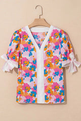 Floral Striped Edge V Neck Knotted Short Sleeve Blouse OutfitFlow