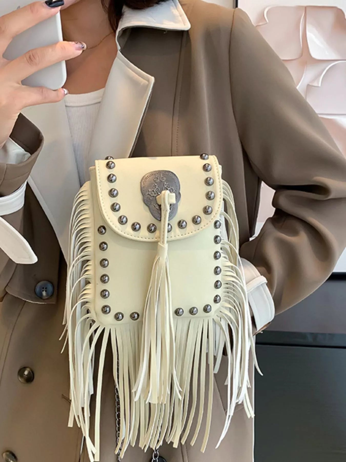 Fringe Rivet Decor Crossbody Bag Beige White onesize OutfitFlow