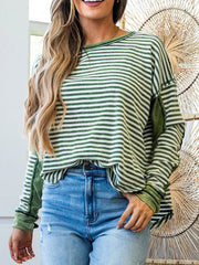 Striped Round Neck Long Sleeve Sweatshirt Dark Green OutfitFlow