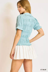 Umgee Smocked Short Sleeve Button-Front Shirt with Peter Pan Collar Trendsi