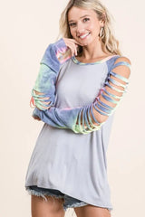 BiBi Jersey Knit Top with Tie Dye Laser Cut Sleeves ICE GREY OutfitFlow