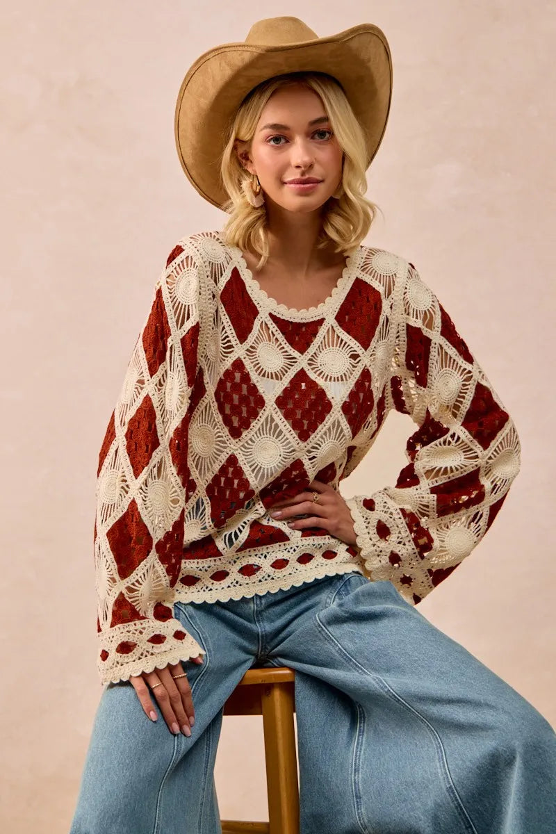 BiBi Diamond Crochet Knit Top OutfitFlow