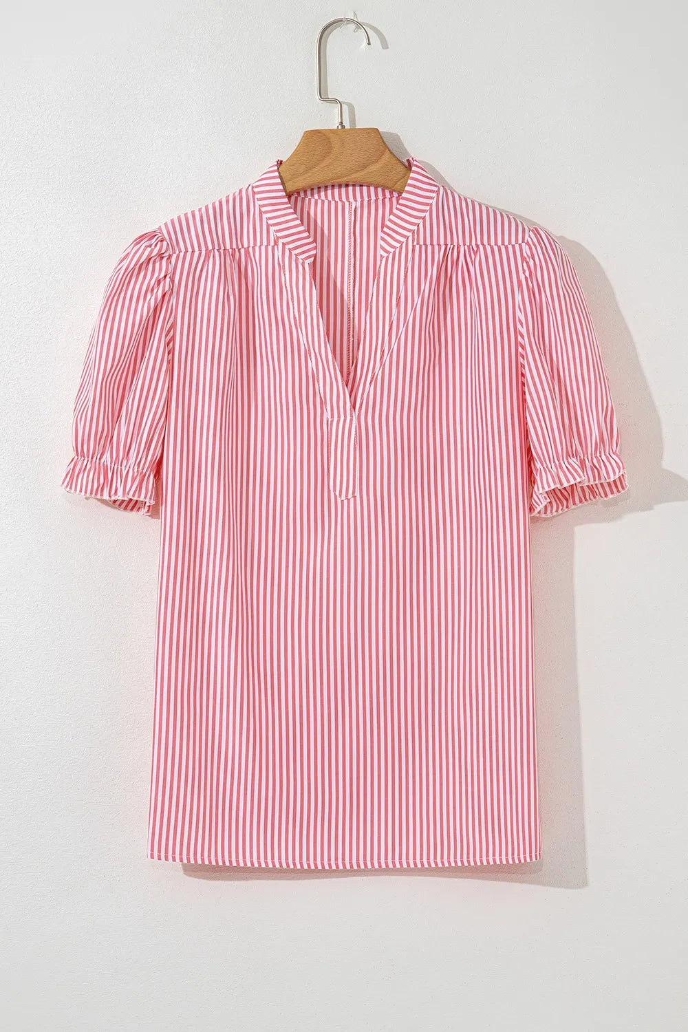 Stripe Notched Neck Frilled Short Puff Sleeve Blouse OutfitFlow