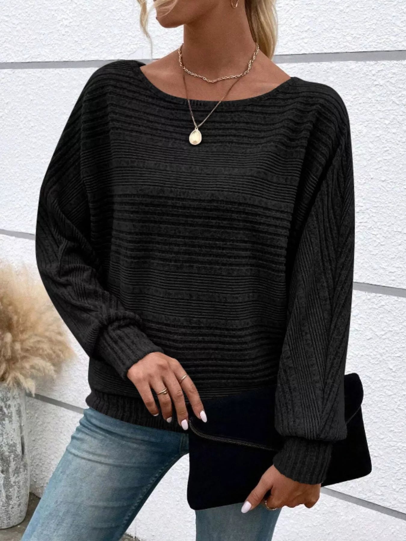 Ribbed Round Neck Long Sleeve Top Black OutfitFlow