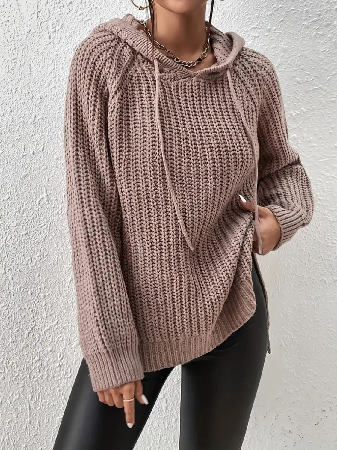 Outfit Flow - High-Low Side Slit Drawstring Long Sleeve Hooded Sweater