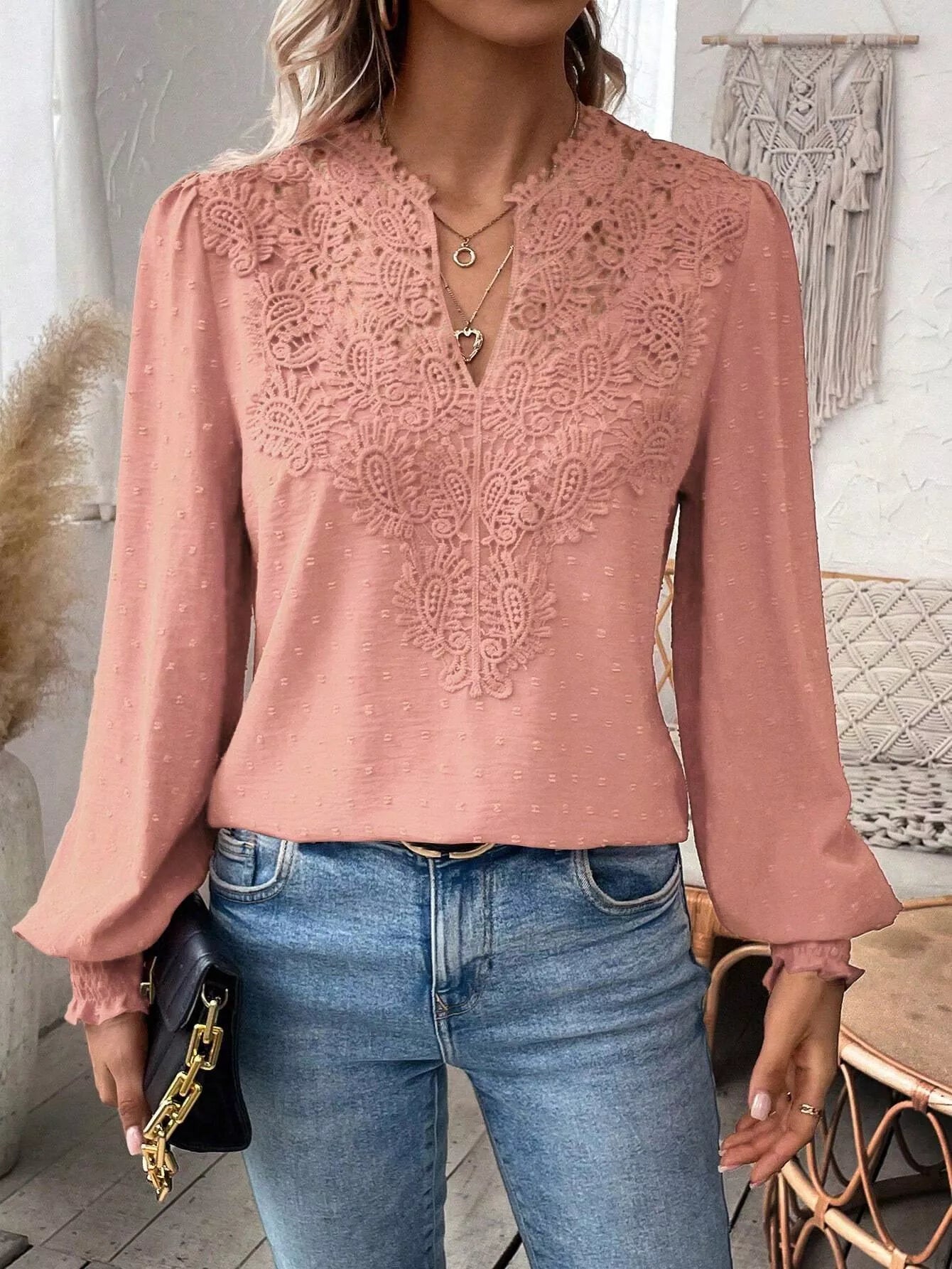 Swiss Dot Lace Detail Long Sleeve Blouse Dusty Pink OutfitFlow
