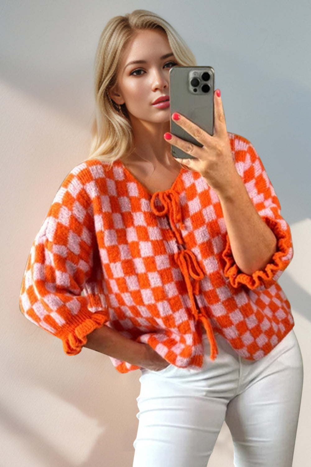 Double Take Tied Checkered Dropped Shoulder Flounce Sleeve Cardigan Orange OutfitFlow