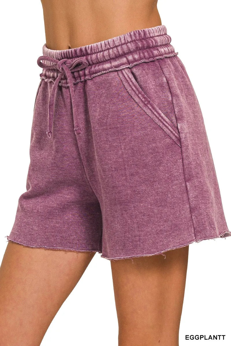 Zenana Acid Wash Fleece Drawstring Shorts With Pockets OutfitFlow
