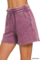 Zenana Acid Wash Fleece Drawstring Shorts With Pockets OutfitFlow