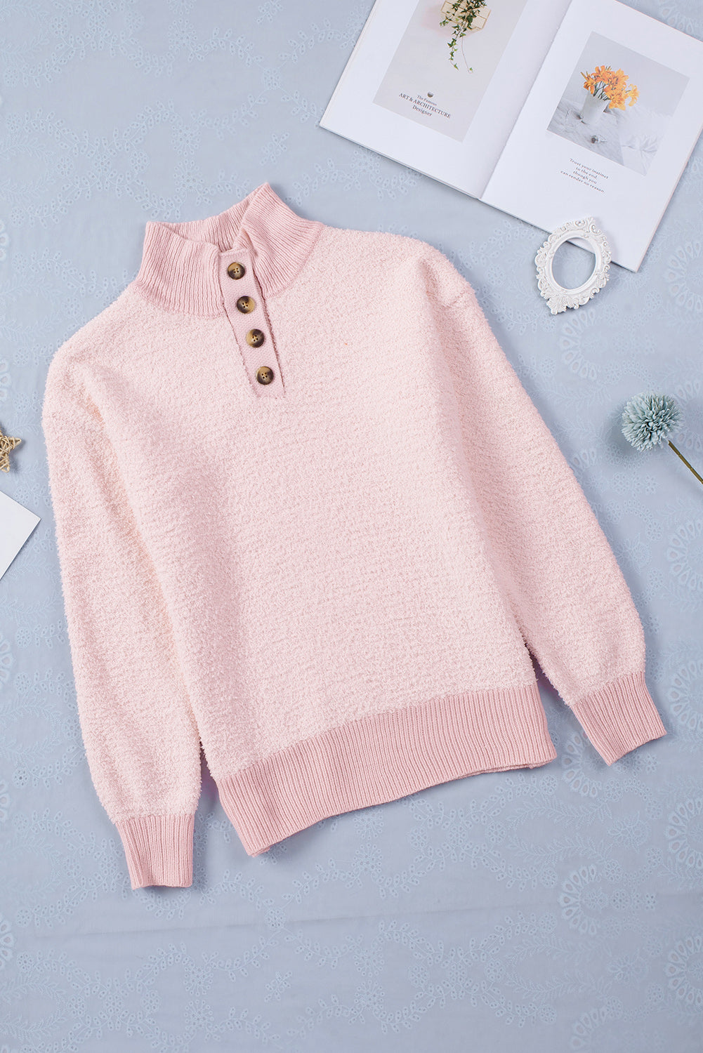 Button Detail Mock Neck Long Sleeve Sweater