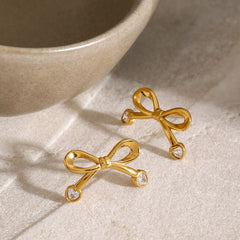 Stainless Steel Inlaid Zircon Bow Earrings OutfitFlow
