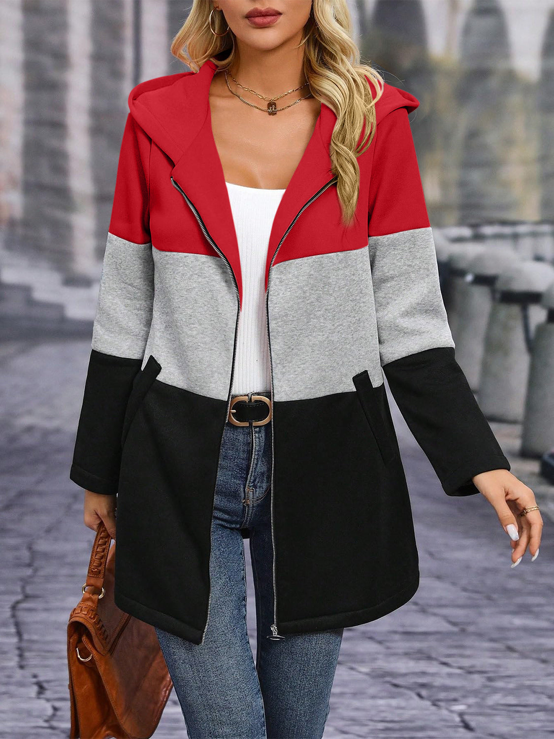 Outfit Flow - Color Block Zip Up Long Sleeve Hooded Outerwear