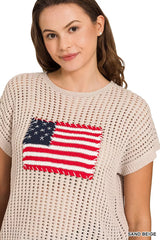 Zenana Viscose American Flag Openwork Knit Top OutfitFlow