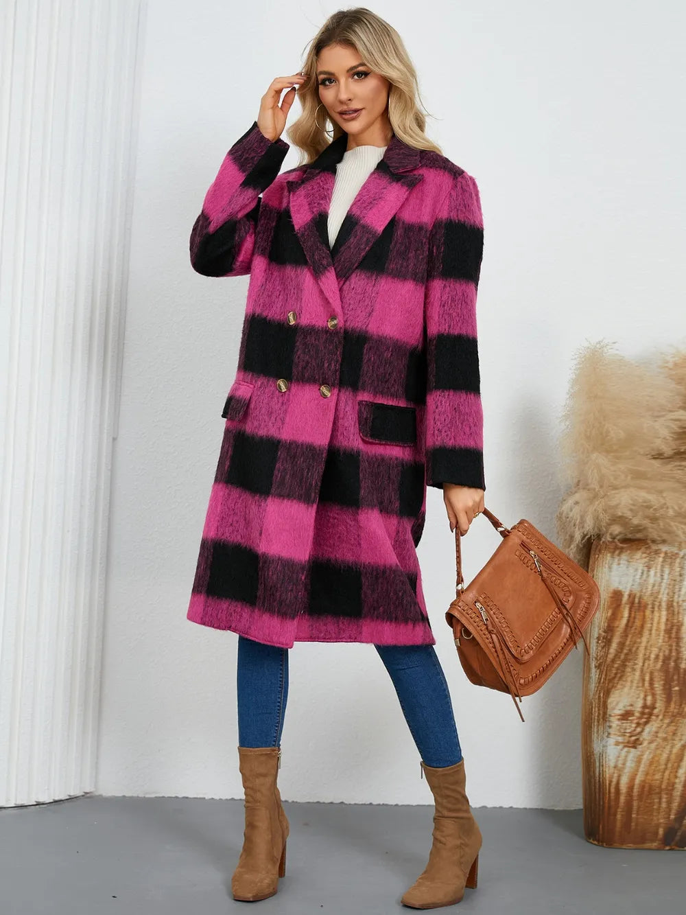 Plaid Double-Breasted Long Sleeve Coat Trendsi