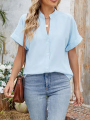 Notched Short Sleeve Blouse OutfitFlow
