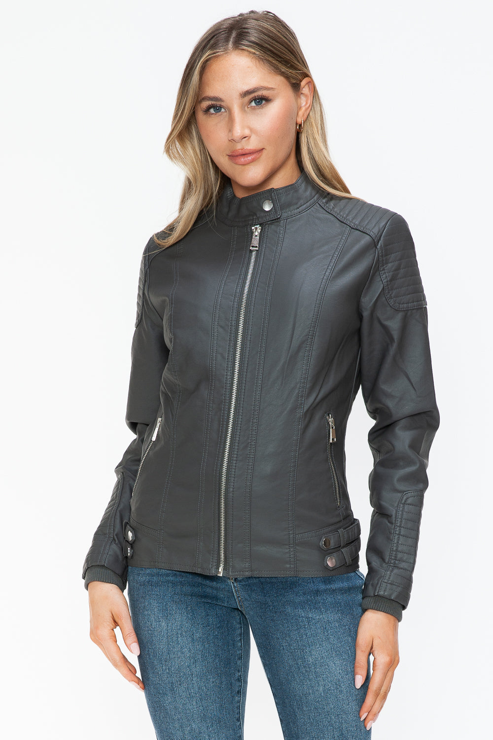 Outfit Flow - Snobbish Faux Leather Biker Jacket with Side Zip Pockets