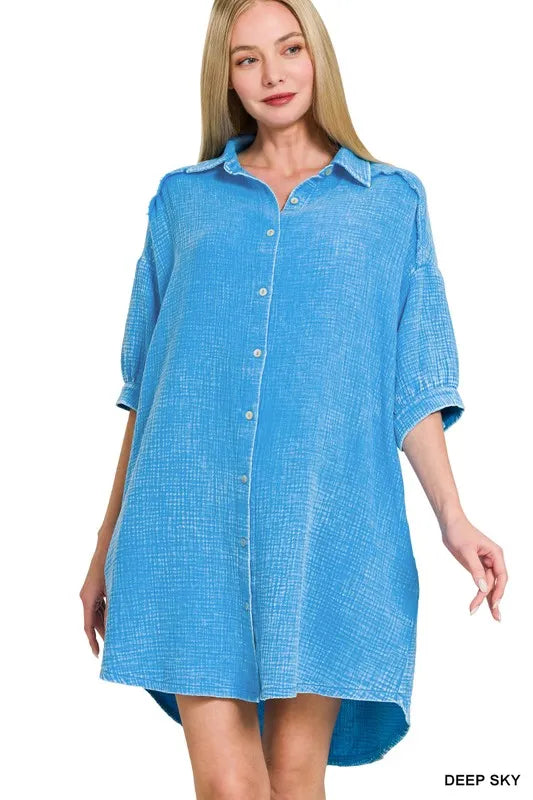 Zenana Washed Double Gauze Button Down Shirt Dress OutfitFlow