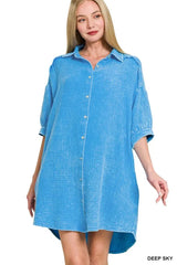 Zenana Washed Double Gauze Button Down Shirt Dress OutfitFlow