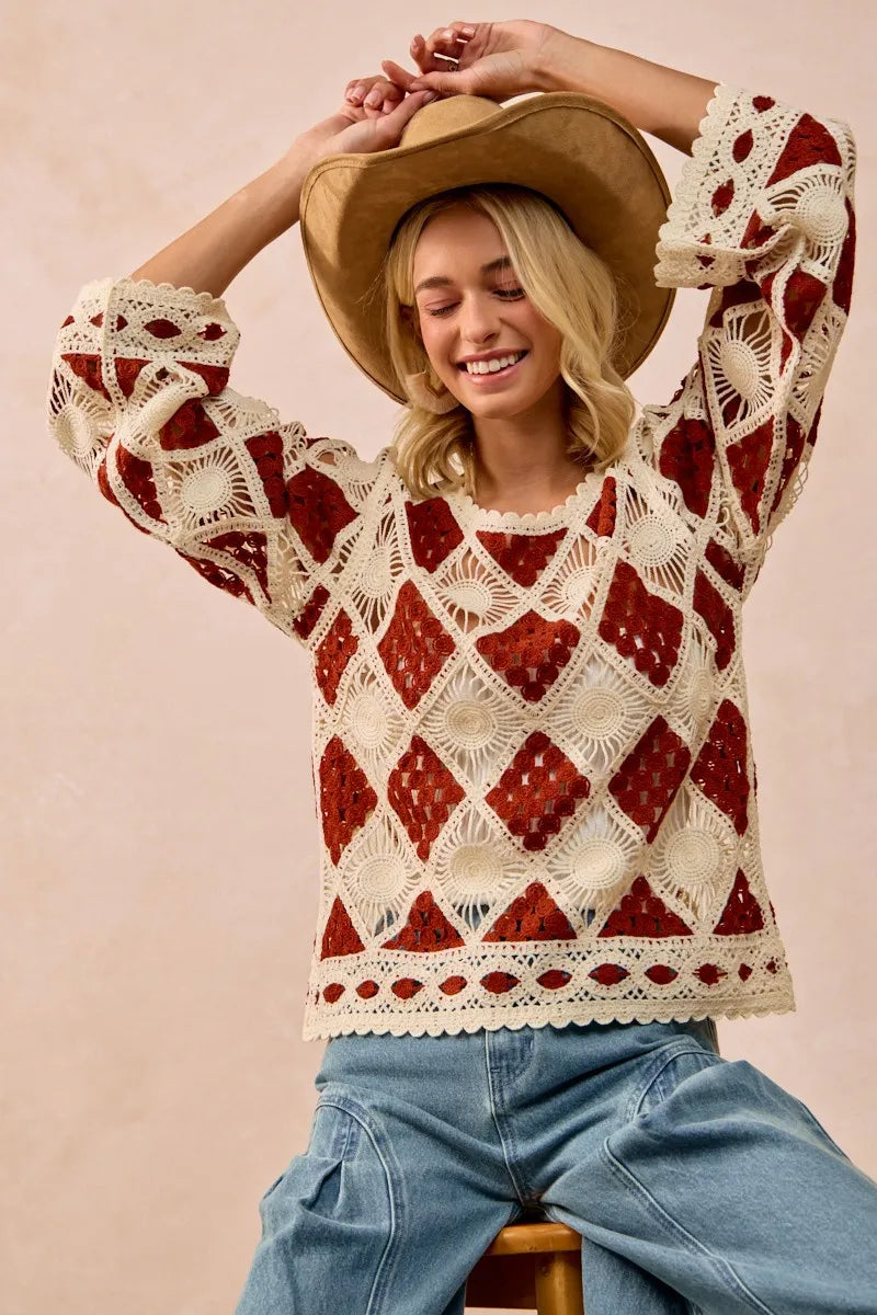 BiBi Diamond Crochet Knit Top OutfitFlow