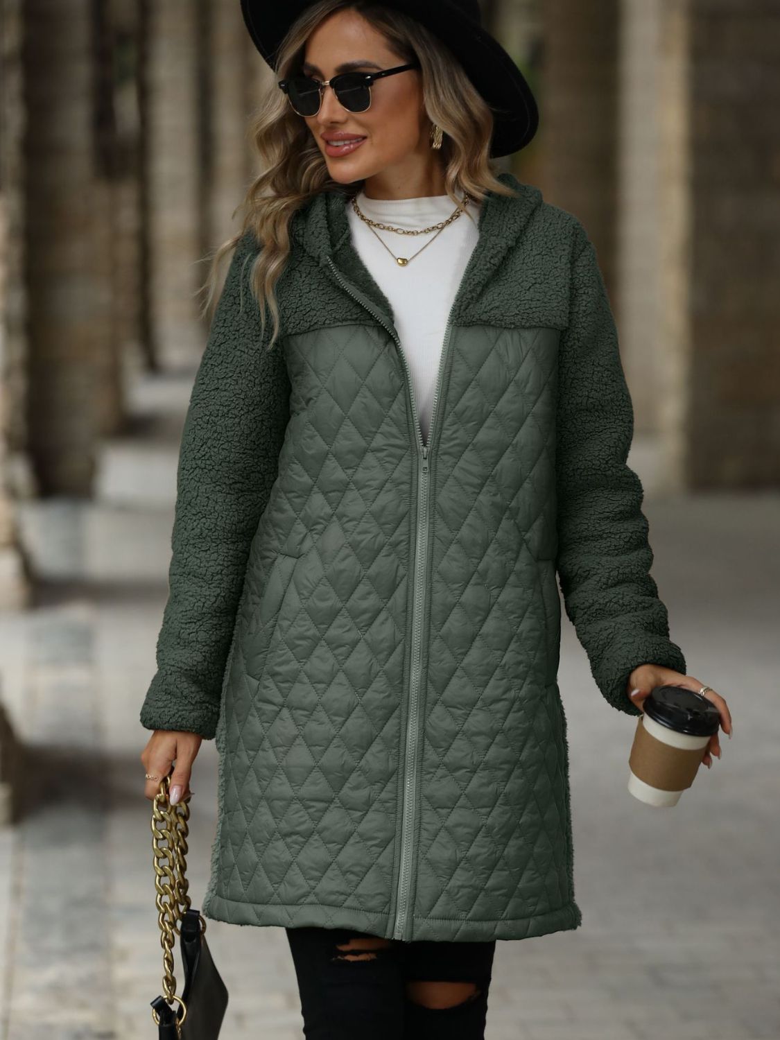 Outfit Flow - Texture Zip Up Long Sleeve Hooded Coat