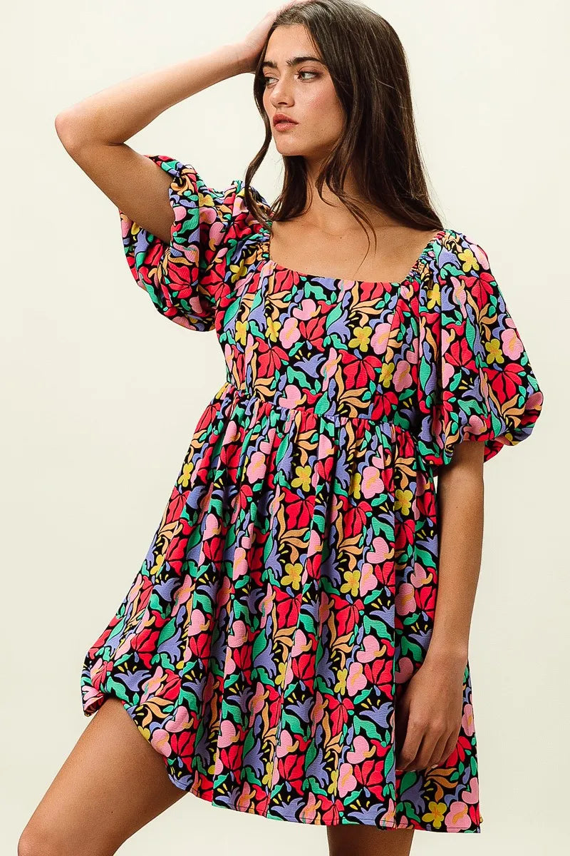 BiBi Floral Print Puff Square Neck Dress OutfitFlow