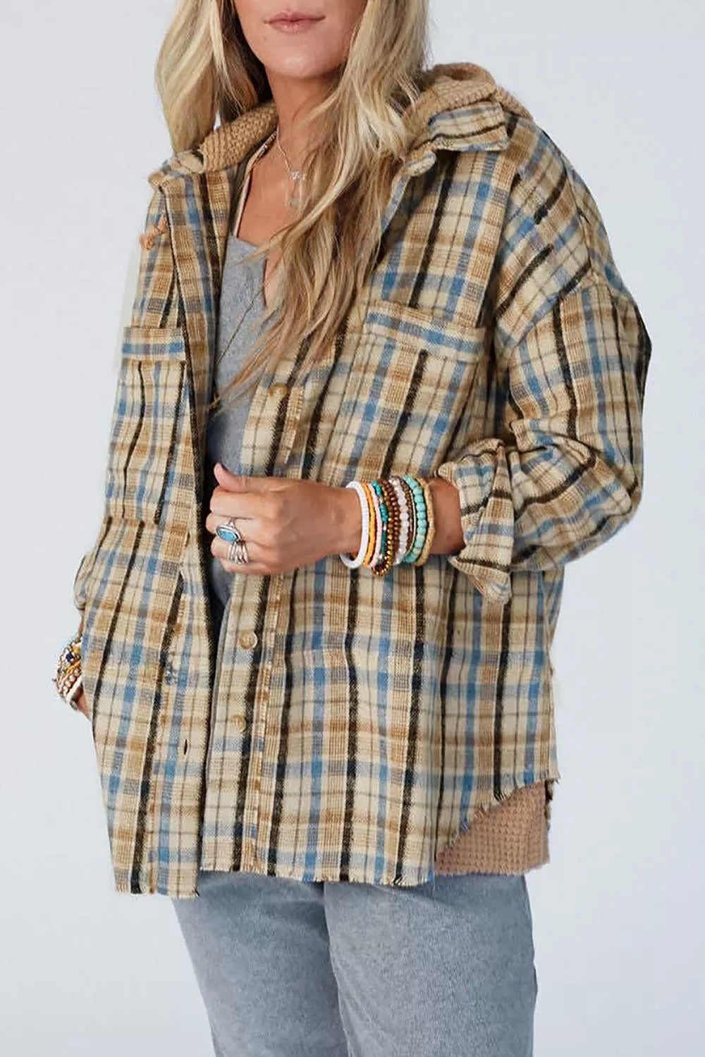 Plaid Drawstring Hooded Flannel Jacket OutfitFlow