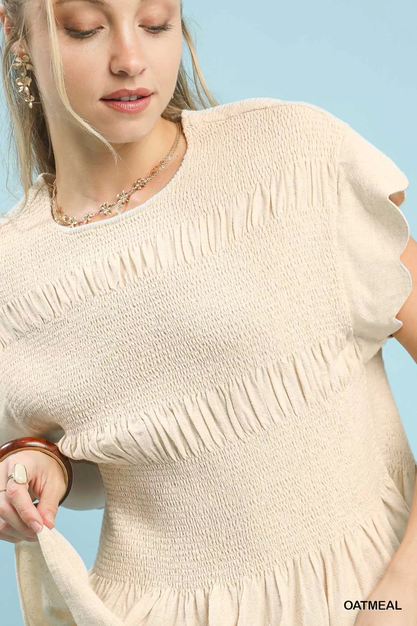 Umgee Linen Blend Smocked Peplum Blouse OutfitFlow