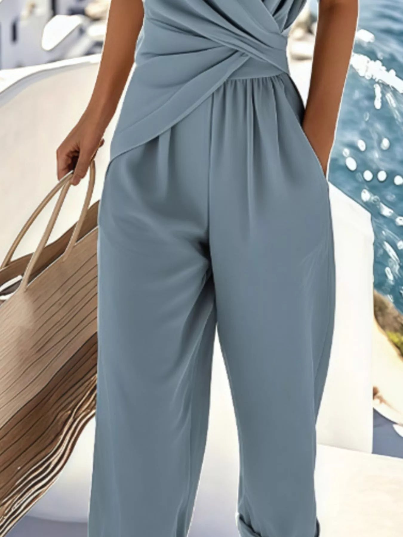 Full Size Surplice Short Sleeve Top and Pants Set Plus Size OutfitFlow