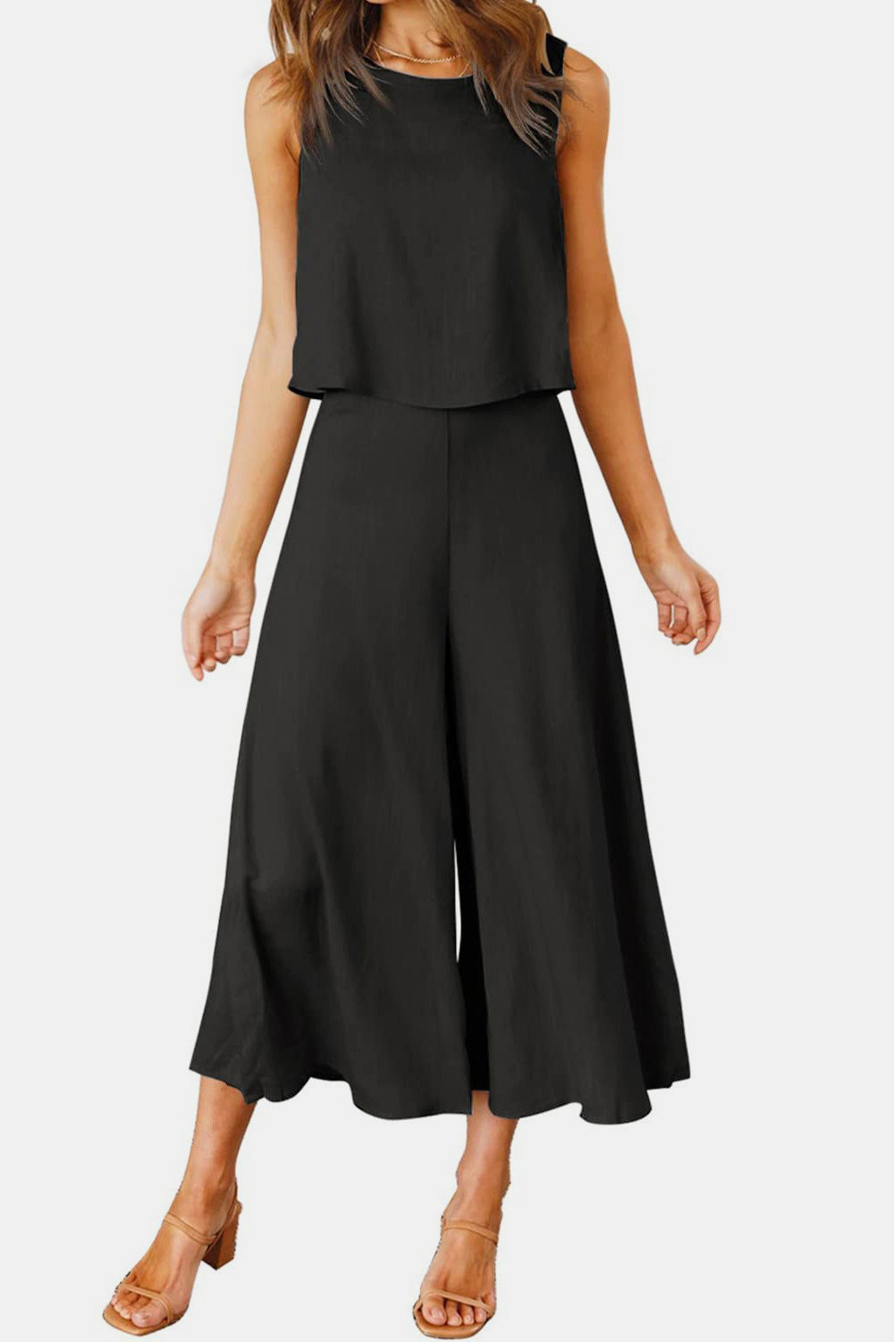 Outfit Flow - Round Neck Top and Wide Leg Pants Set