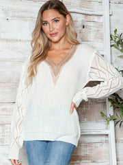 Openwork V-Neck Long Sleeve Sweater Trendsi