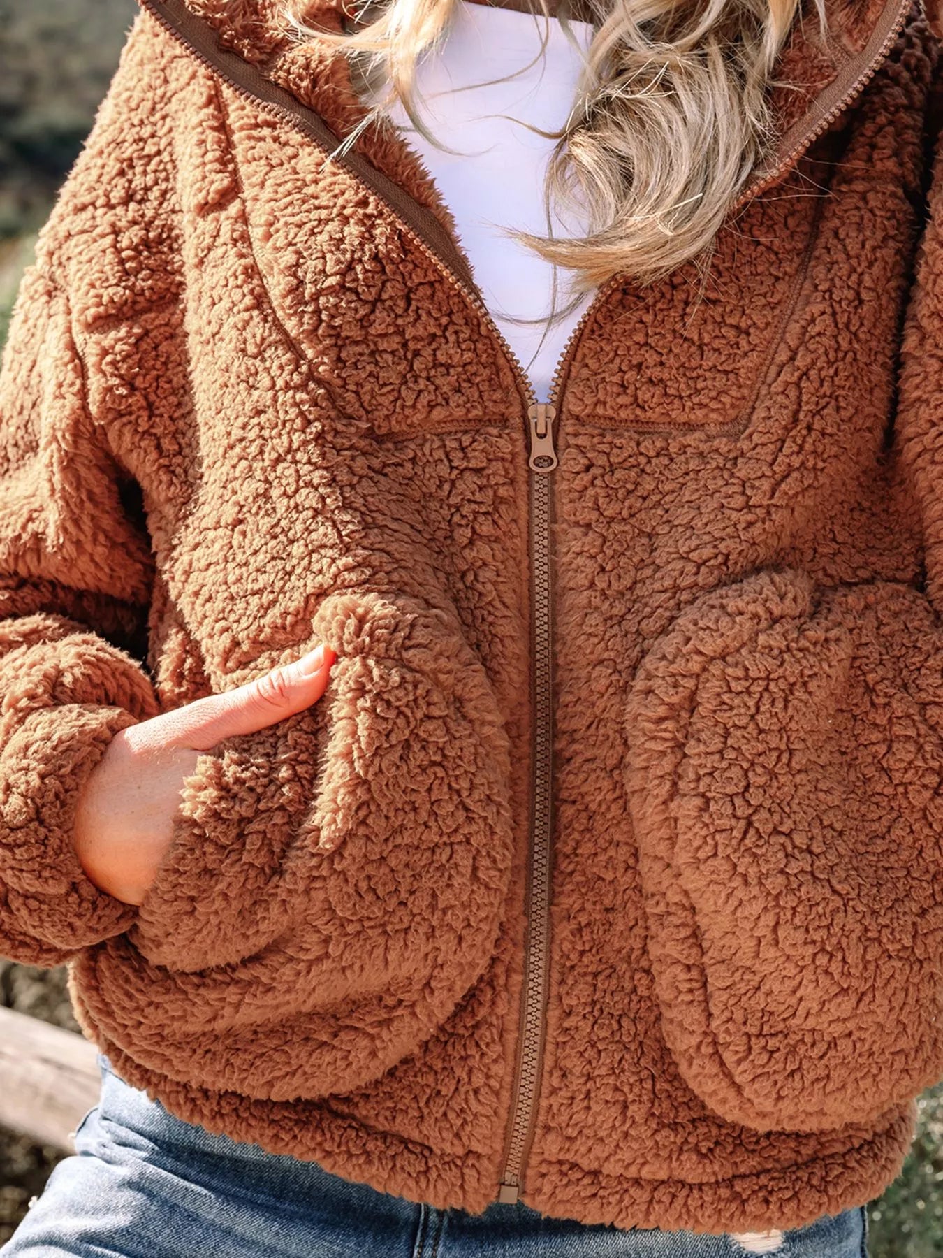 Zip Up Hooded Sherpa Jacket OutfitFlow