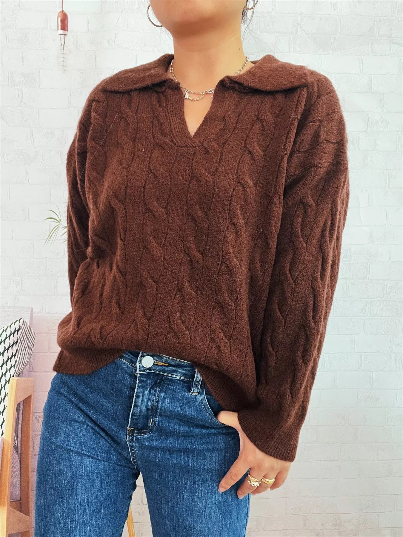 Cable Knit Johnny Collar Sweater Trendsi