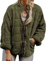 Full Size Zip Up Quilted Bomber Jacket Plus Size Army Green Trendsi