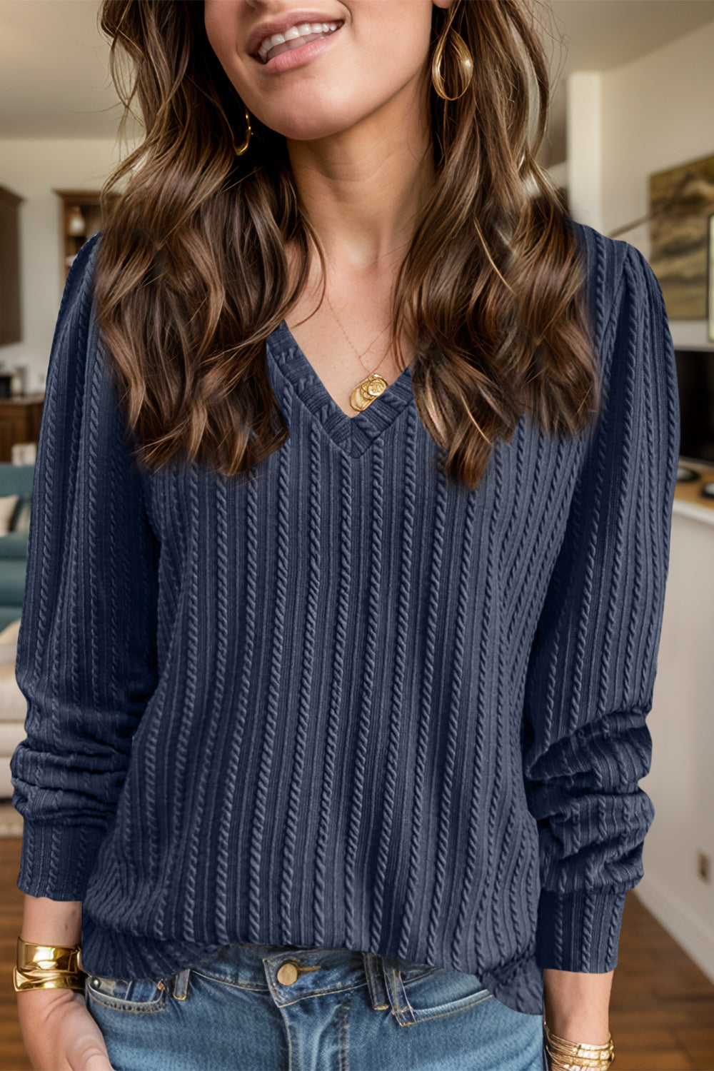 Outfit Flow - Textured V-Neck Long Sleeve T-Shirt