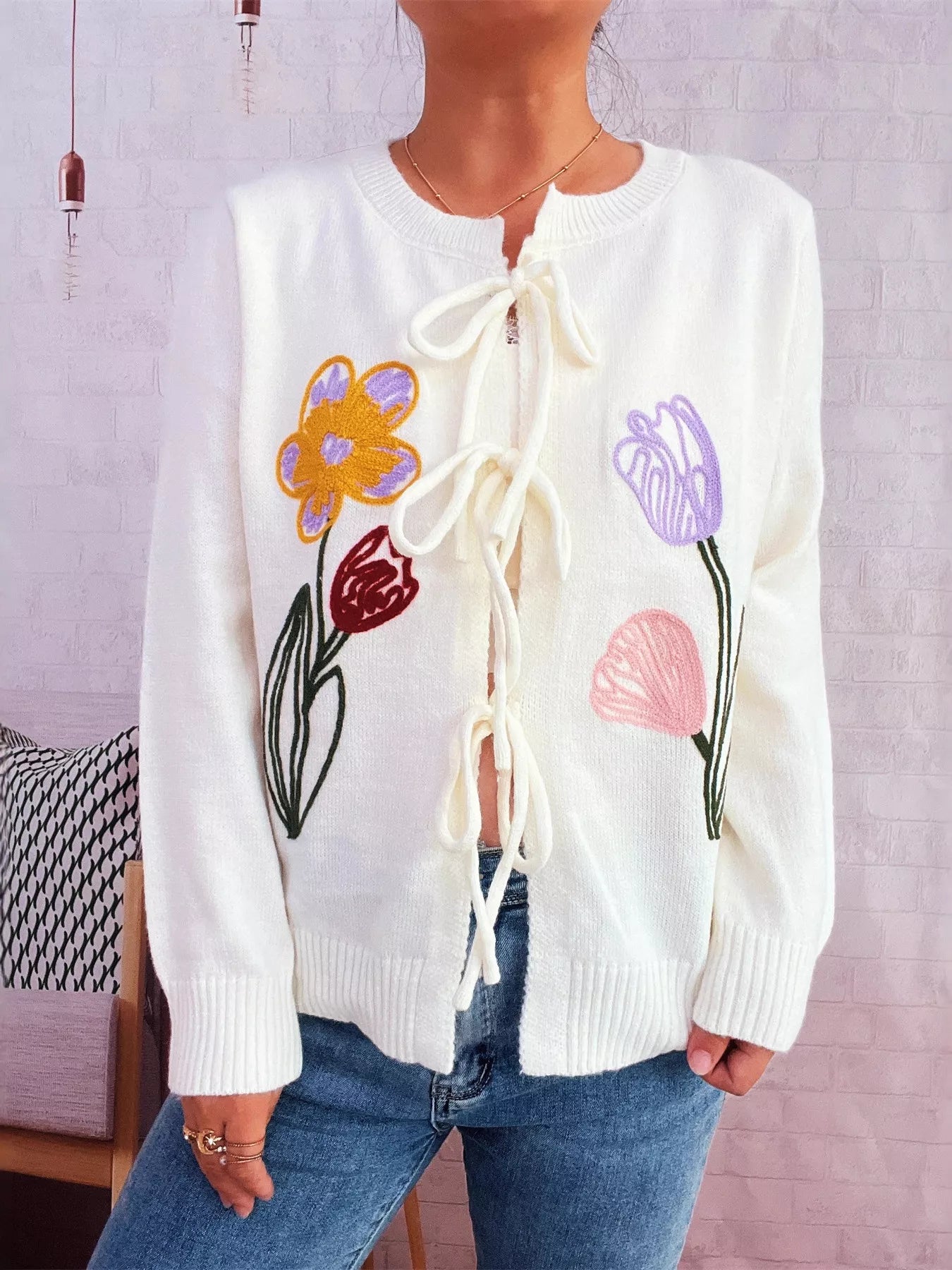 Floral Ribbed Hem Tie Front Cardigan OutfitFlow