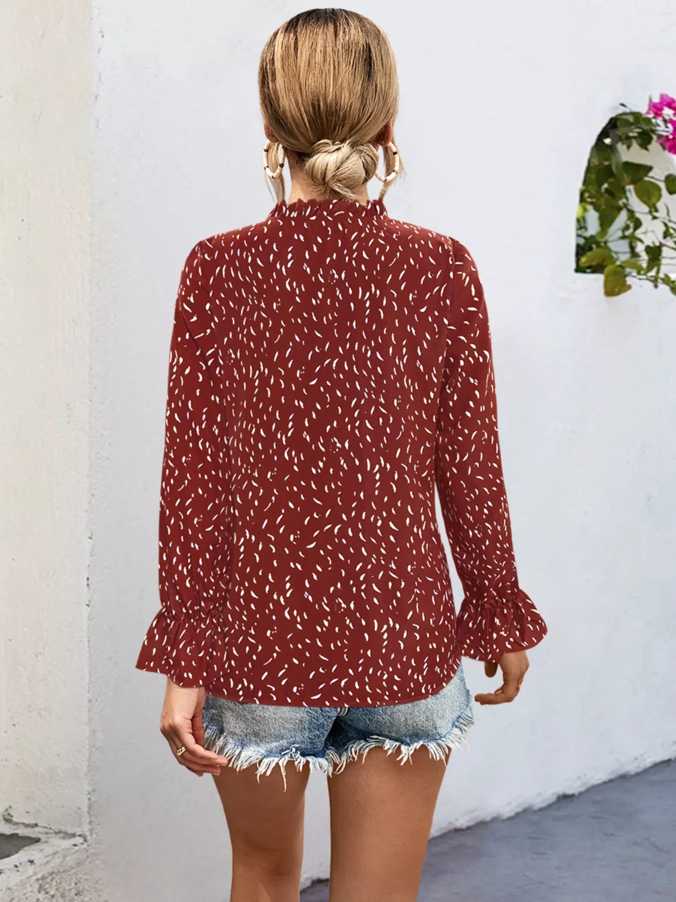 Ruffled Printed Tie Neck Long Sleeve Blouse OutfitFlow