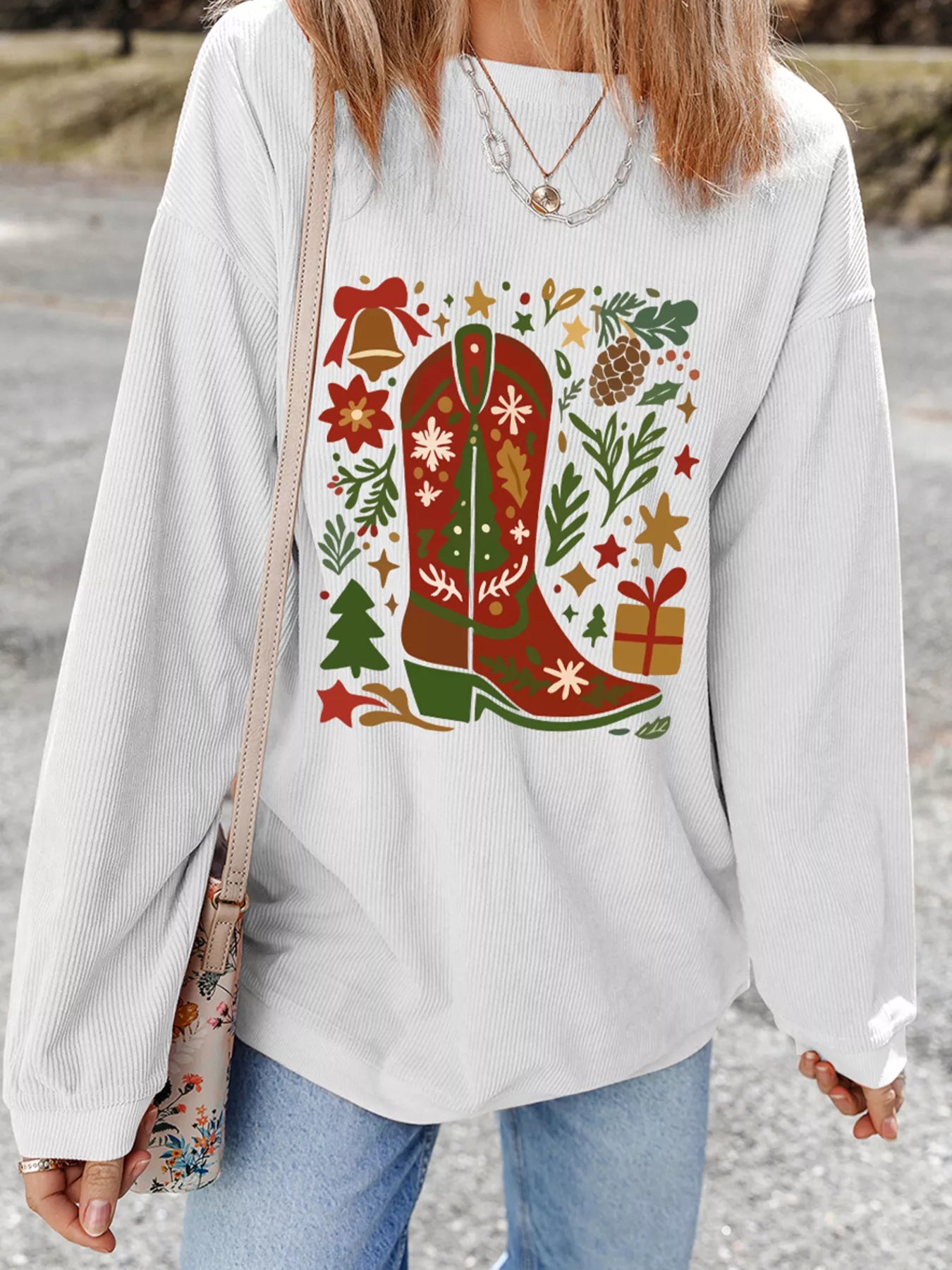 Christmas Leafy Boot Printed Corded Rib Drop Shoulder Sweatshirt OutfitFlow