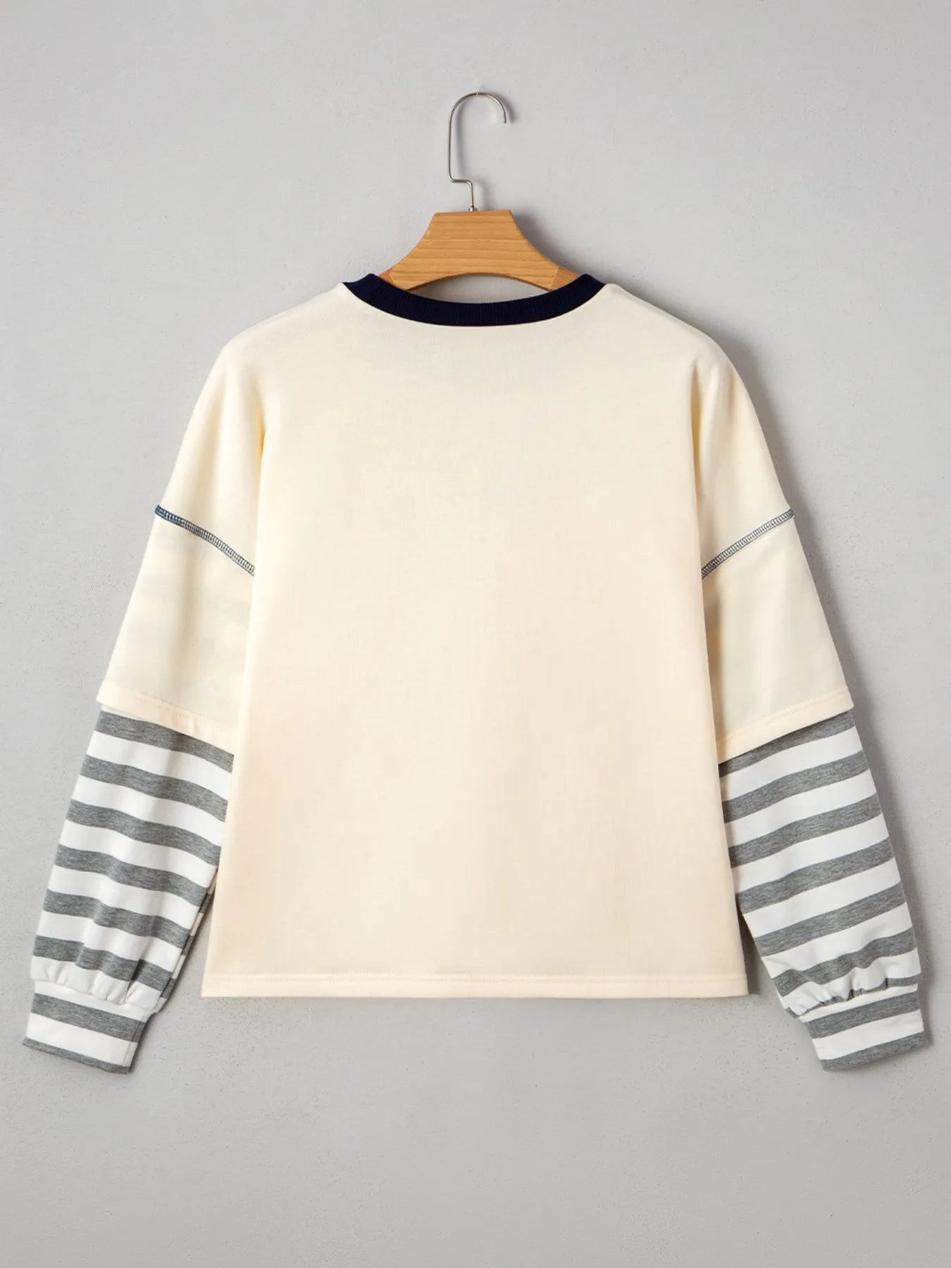Striped Patchwork Long Sleeve Round Neck Two-in-one Top OutfitFlow