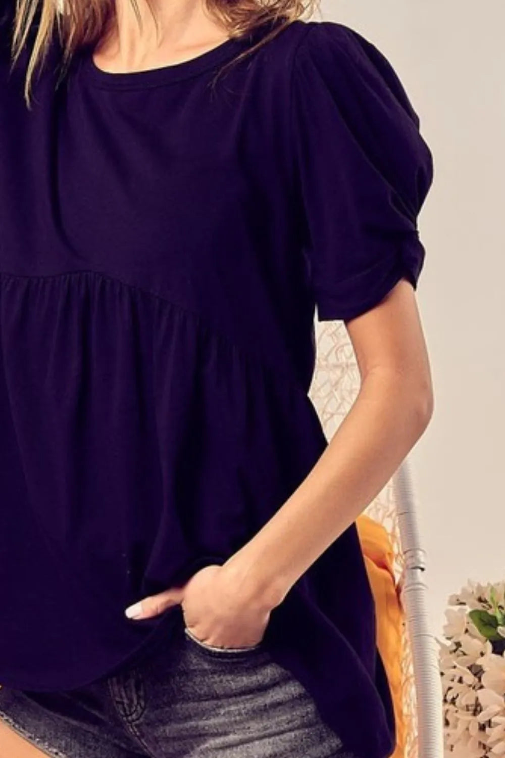 BiBi Cotton Span Knit With Puff Sleeve Baby Doll Top OutfitFlow