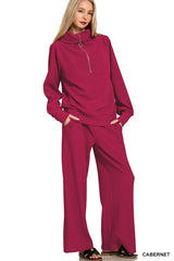 Zenana Ribbed High Neck Half Zip Pullover & Pants Set OutfitFlow