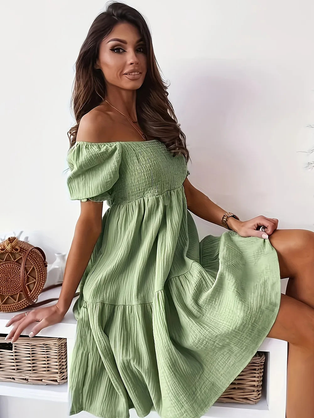 Full Size Ruffled Off-Shoulder Short Sleeve Dress OutfitFlow