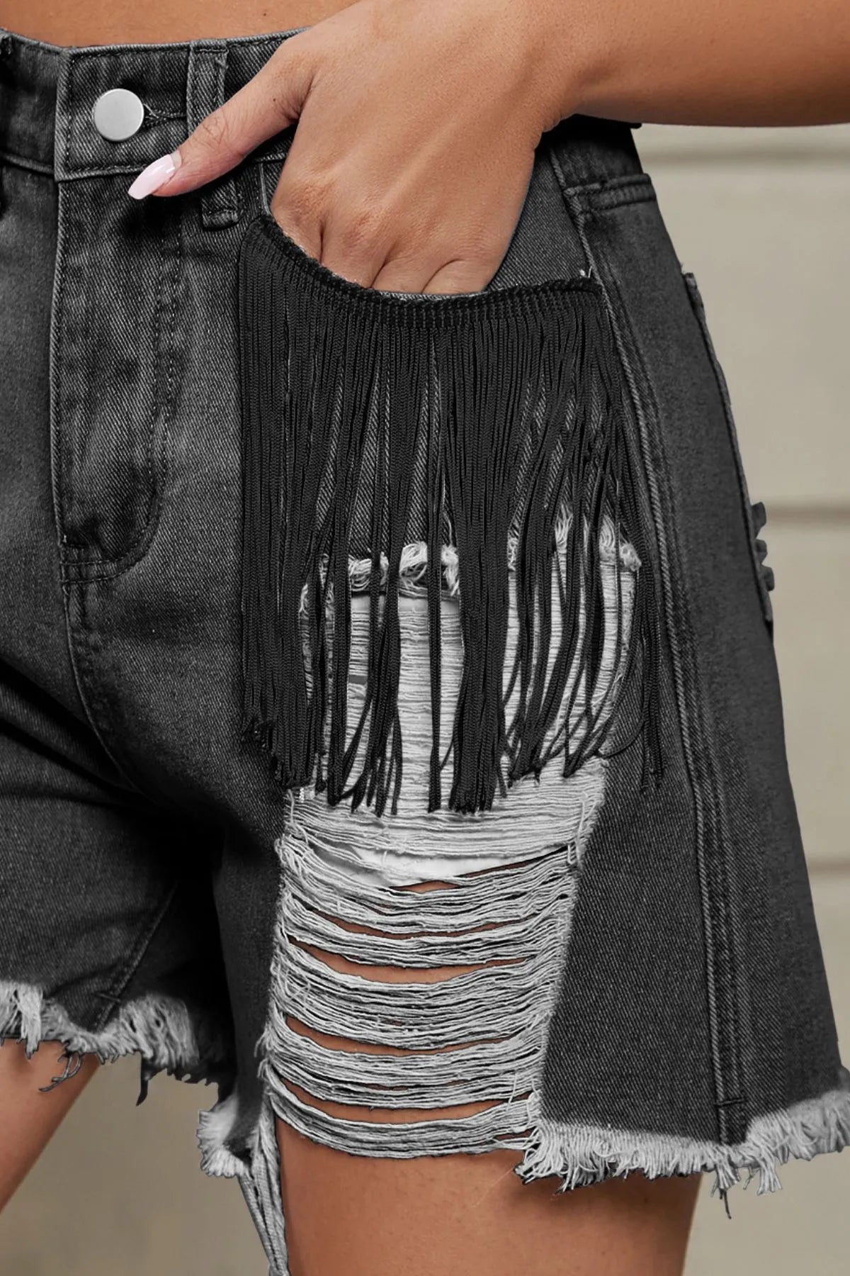 Distressed Fringe Denim Shorts OutfitFlow